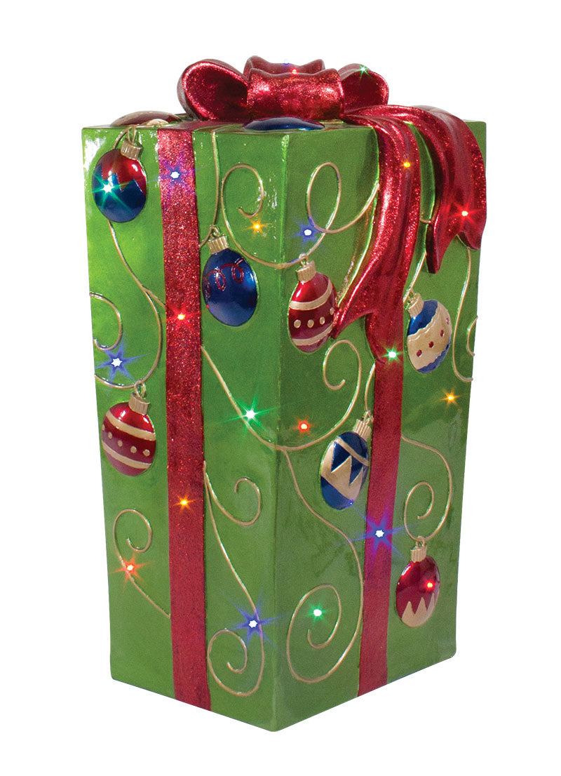 Lit Fiberglass Gift Box with Ornaments