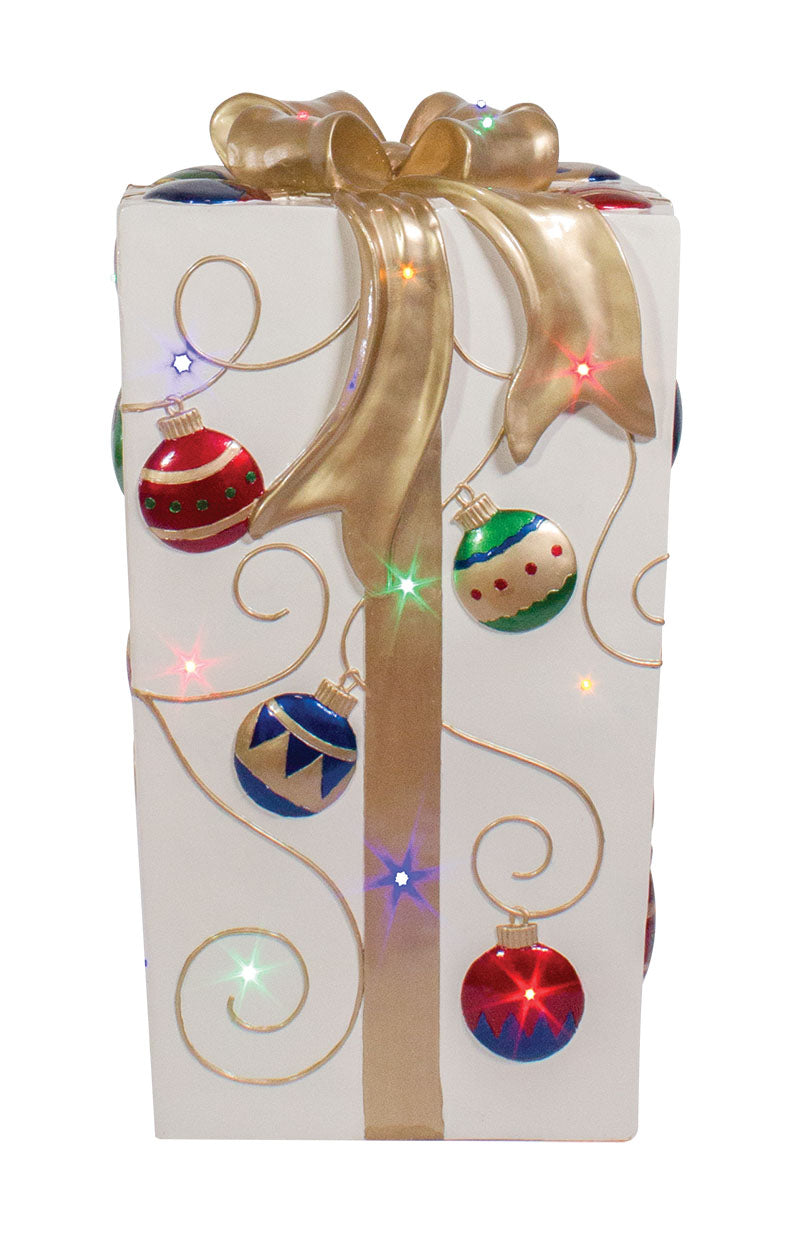 Lit Fiberglass Gift Box with Snowflakes
